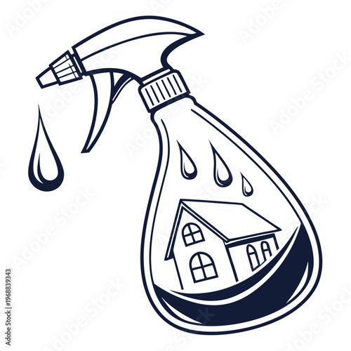 Spray bottle with house and water droplets