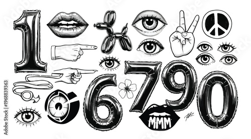 Set of black and white stickers, pop art elements, balloon numbers, lips, eyes, peace sign, pointing hands