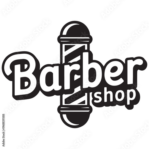 Vintage barber shop logo featuring barber pole and stylized text