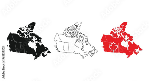 Three visual representations of canada’s provinces and territories with different shading styles Vector