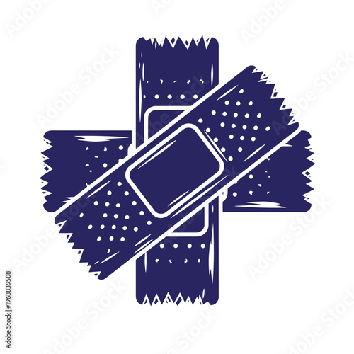 Dark blue silhouette of two adhesive bandages crossed to form a medical cross shape with visible perforated edges and central absorbent pads on a white background