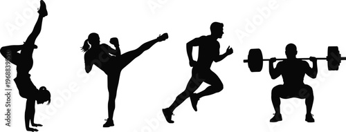 Black silhouettes of diverse athletes performing yoga handstand, martial arts kick, running, and heavy weightlifting for fitness and healthy lifestyle concept