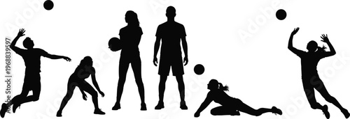 Black silhouettes of diverse volleyball players serving, spiking, and diving for the ball during an intense competitive sports team match