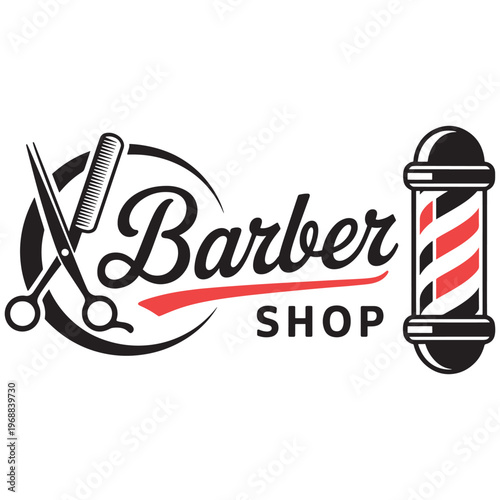 Classic logo design for a traditional barber shop featuring scissors and a barber pole