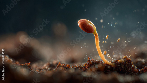 Macro close-up of seed sprouting with tiny root emerging from moist soil in soft light. Concept of activation, early growth trigger, and invisible biological processes starting life.