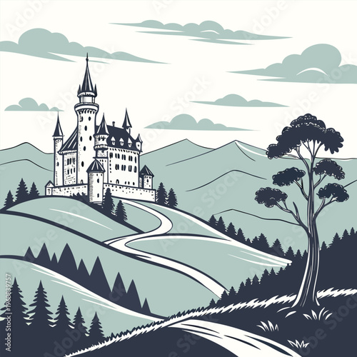 Castle on a hill with winding roads and trees with winding road