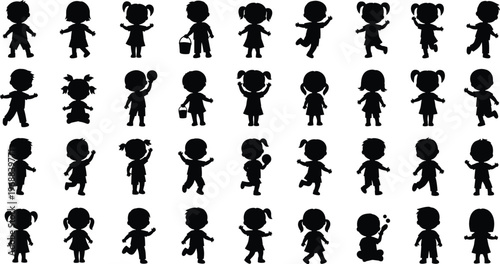 Large collection of diverse toddler silhouettes including boys and girls playing, running, and jumping for childhood education and daycare design