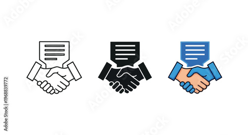 Three handshake icons with different document styles representing various agreements or contracts. Vector