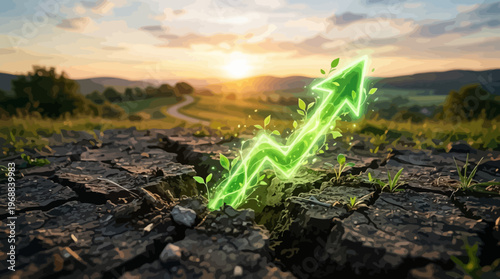 Vibrant green glowing arrow emerging from cracked dry earth with young plant sprouts at a beautiful sunset in a rural landscape, symbolizing growth and sustainability.