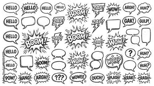 Large Set of Comic Book Speech Bubbles with Diverse Onomatopoeia Sound Effects, Black and White, Isolated White Background