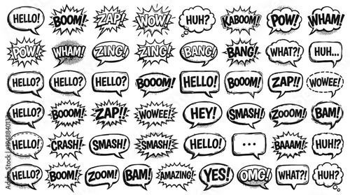 Collection of Comic Book Speech Bubbles and Onomatopoeia Sound Effects in Black and White, Isolated White Background