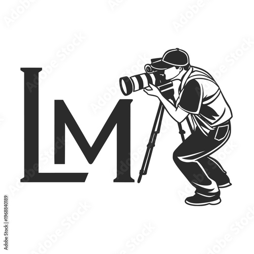 Photographer with camera and tripod next to lm letters with a graphic illustrati