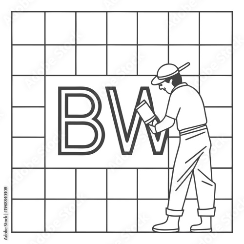 Man painting large letters on grid with he is holding a brush and appears to