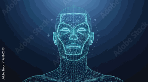 Digital wireframe of a human head, 3d face recognition technology, artificial intelligence concept, biometric security scan, cybernetic interface
