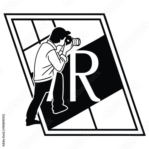 Photographer capturing image inside geometric frame with stylized illustration