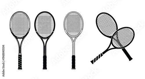 Four tennis rackets in various orientations shown as black and white illustrations