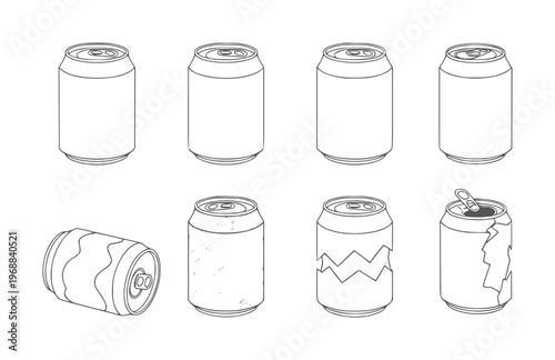Collection of eight beverage cans in various states of condition and orientation
