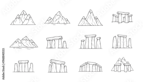 Collection of hand drawn mountain and stonehenge ancient monument landscape