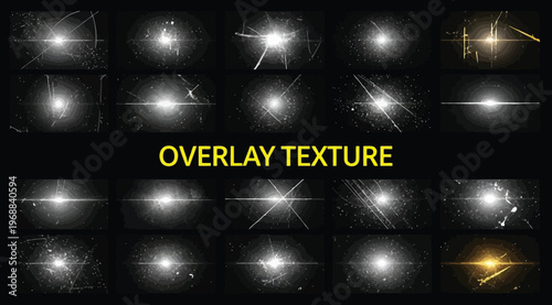 Collection of light lens flares, optical effects, and glowing sparkles with scratches and dust textures a for video editing
