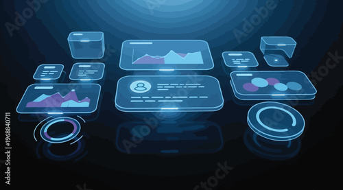 Futuristic digital dashboard interface with holographic data visualization, charts, and user profile analytics on a dark blue background