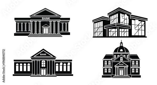 Black and white illustration of four distinct building facades including banks