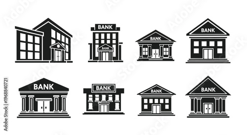 Black and white illustrations of various bank building facades in a set