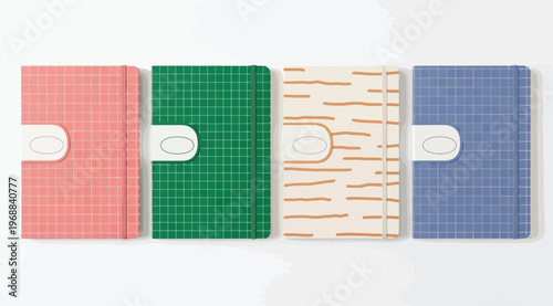 Set of four colorful notebooks with grid and abstract patterns, featuring elastic closures and label tabs