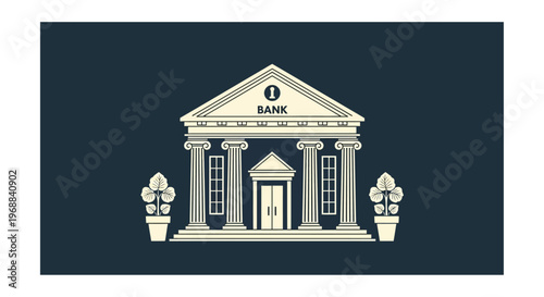 Illustration of a classical bank building with columns and a triangular pediment