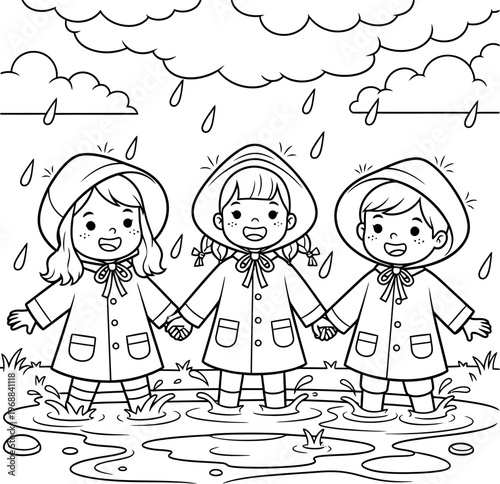 Children in raincoats enjoying a rainy day
