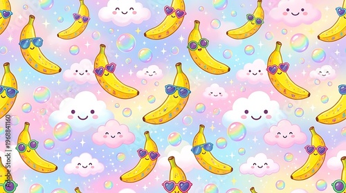 Smiling cartoon bananas with sunglasses pattern.