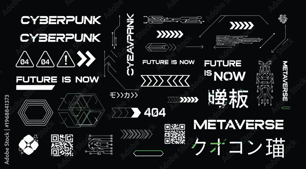 Fototapeta premium Cyberpunk futuristic ui elements set, digital interface hud, technology vector graphics, metaverse design assets, scifi geometric shapes and arrows