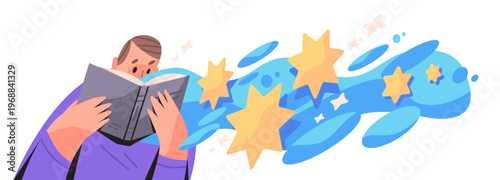 Inspiration and knowledge concept man reading fascinating book with flying abstract forms