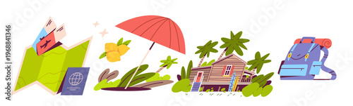 Dream vacation set flat style backpack, passport and beach umbrella icons