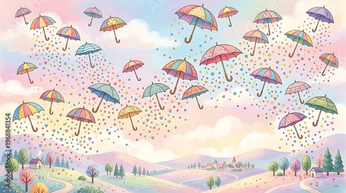 Colorful umbrellas flying in sky.