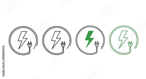 Illustrations of electricity and plug symbols in circular frames Vector