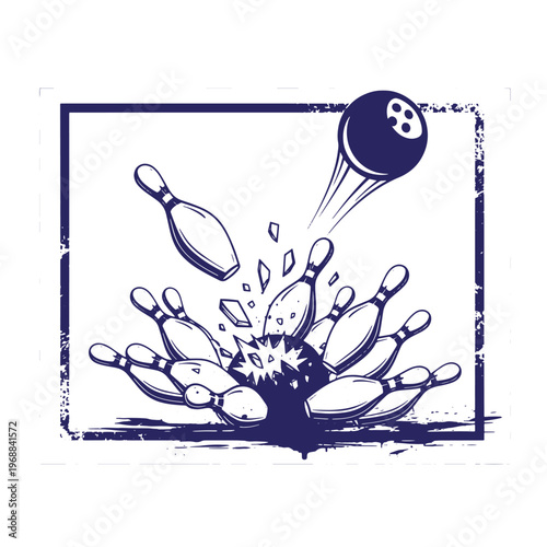Bowling ball striking and scattering ten pins in a dark blue ink style with a distressed rectangular frame border on a white background