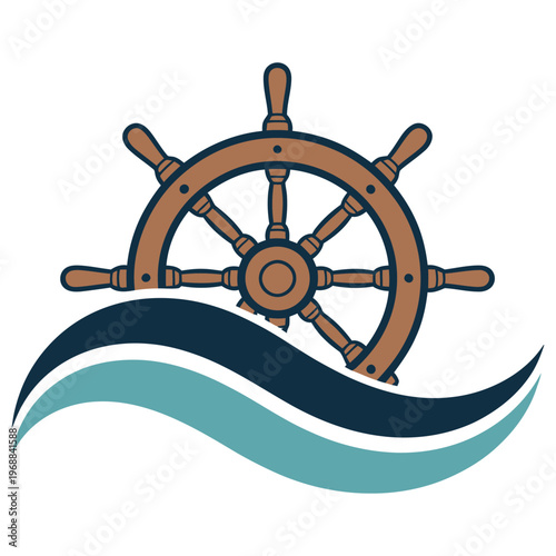 Vintage ship wheel atop stylized ocean waves