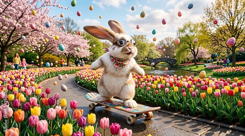 Rabbit on skateboard in flower garden.