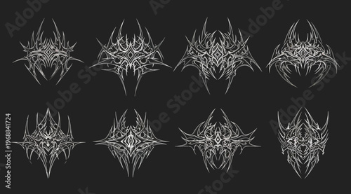 Set of abstract tribal vector ornaments, gothic style symmetrical elements, sharp spiked shapes, dark fantasy symbols for tattoo or logo design