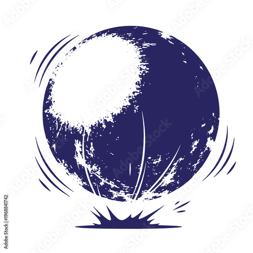 Dark blue circular sphere with a distressed grunge texture and motion lines indicating a bouncing or falling action isolated on a white background