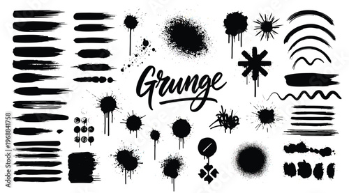 Set of grunge brush strokes, ink splatters, spray paint elements, and artistic design shapes