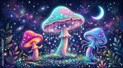 Glowing mushrooms in a magical forest.