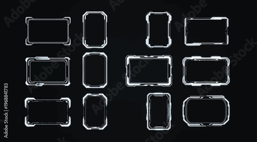 Set of futuristic hud frames, scifi interface elements, digital borders for game ui, virtual reality panels, cybernetic display boxes, vector collection