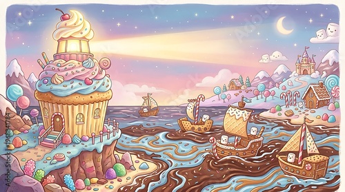 Whimsical fantasy landscape with giant cupcake.