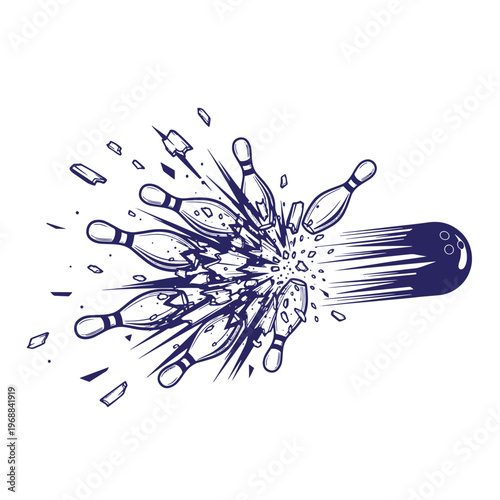 Dark blue ink of a bowling ball striking and shattering wooden pins into fragments with motion lines on a white background