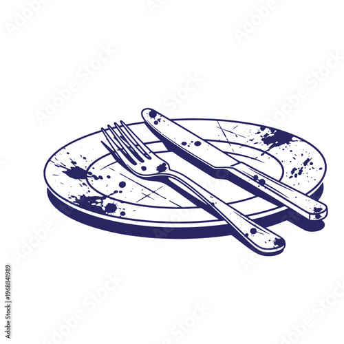 Dark blue ink of a dirty dinner plate with a fork and knife resting on featuring scattered ink splatters and grunge textures on a white background