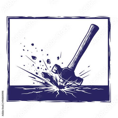 Dark blue ink of a heavy sledgehammer striking a solid surface causing debris and stone fragments to fly into the air enclosed within a rough rectangular frame border
