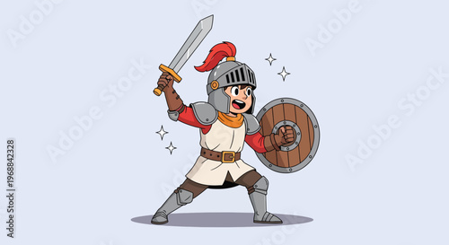 Brave cartoon knight warrior with sword and shield ready for battle.