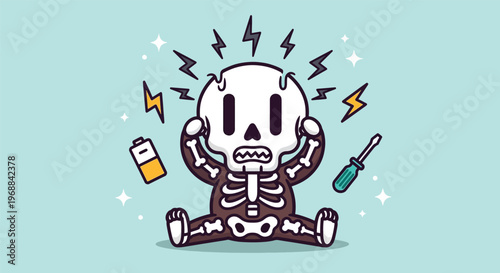 Cartoon Skeleton Experiencing Electrical Shock and Brain Overload.