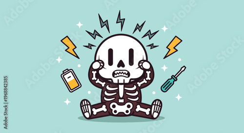 Cartoon Skeleton Experiencing Stress and Low Energy.